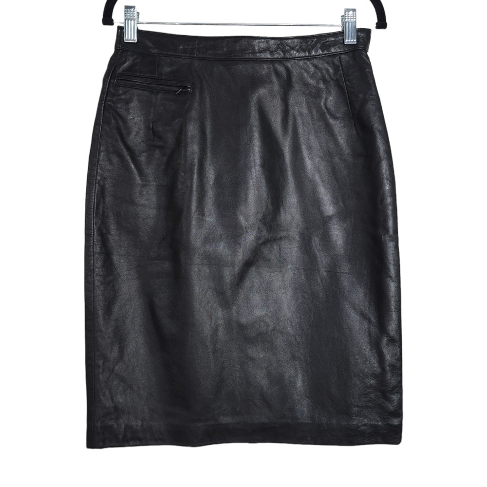 Vintage Rem Garson Pencil Skirt Womens 6 Black Leather Lined Pocket Side Zip
